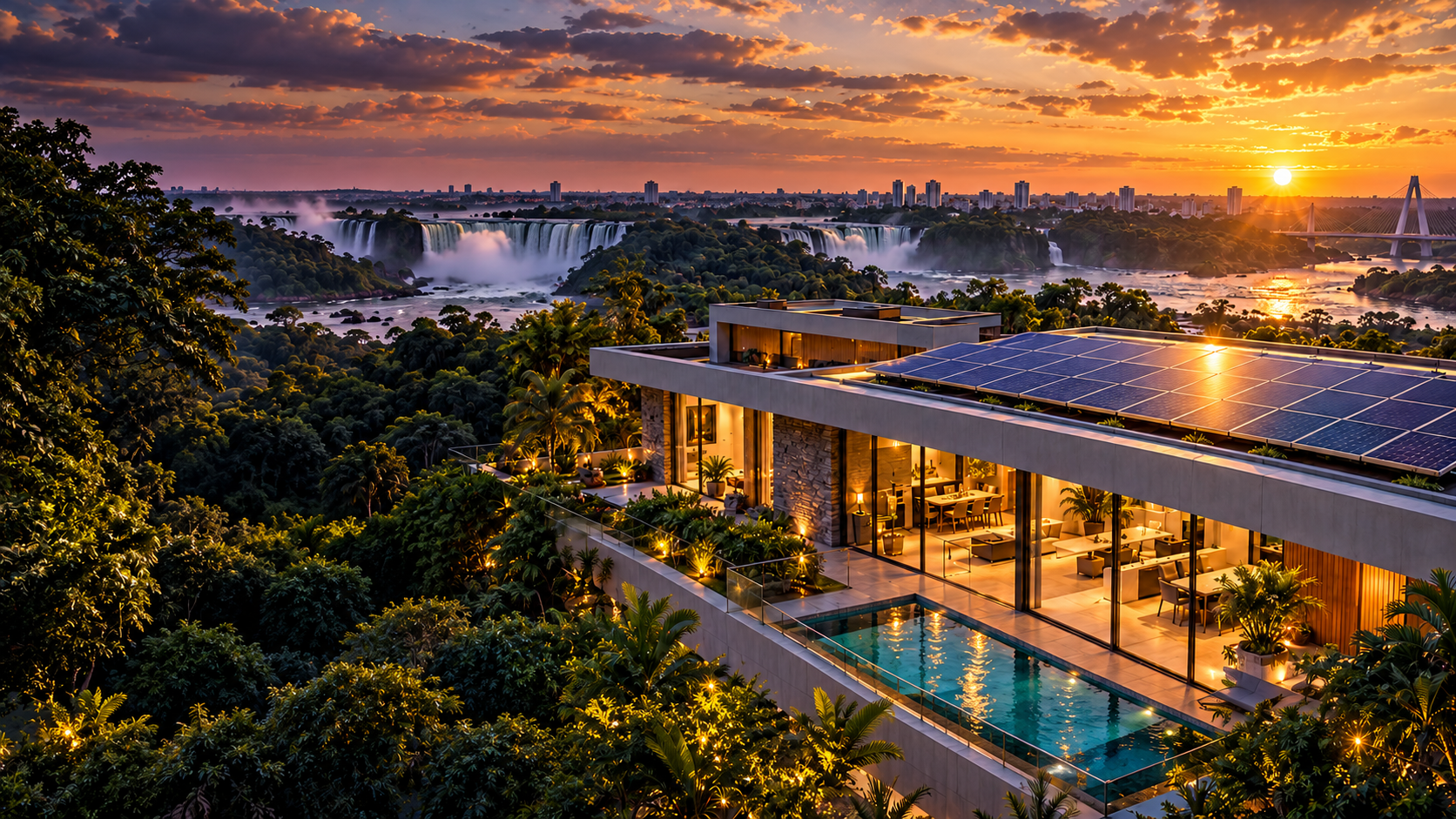 Residência moderna com energia solar em Foz do Iguaçu ao pôr do sol
